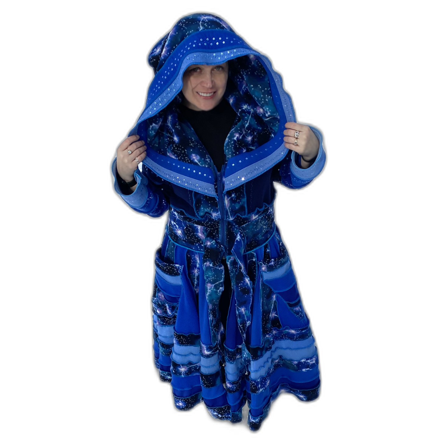 "Pollux" Blue needle-felted wool/cashmere patchwork Katwise-inspired sweatercoat-2522