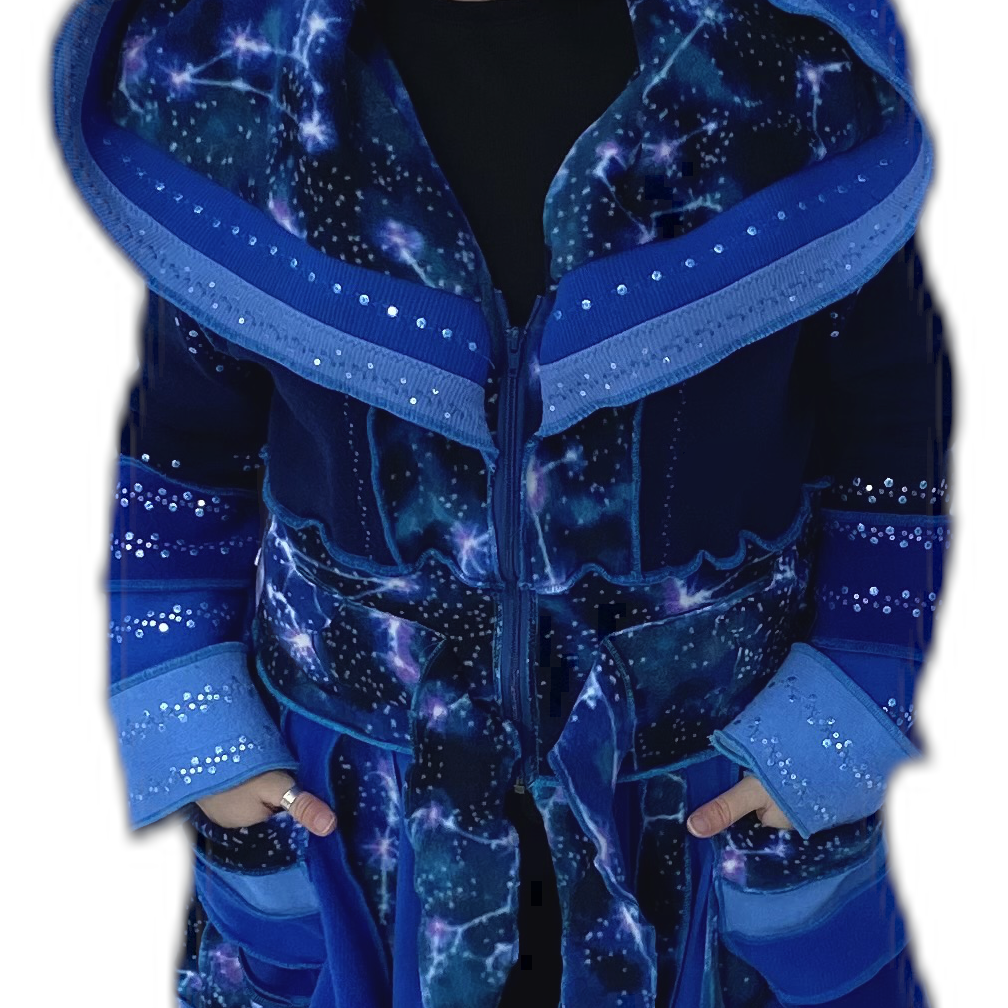 "Pollux" Blue needle-felted wool/cashmere patchwork Katwise-inspired sweatercoat-2522
