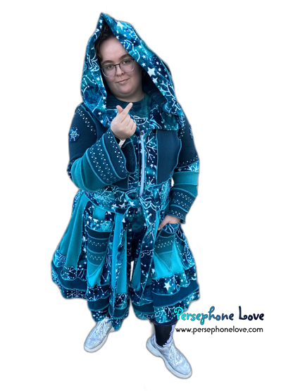"New Sky" GODDESS SIZE Teal embroidered/felted cashmere Katwise-inspired patchwork sweatercoat-2523