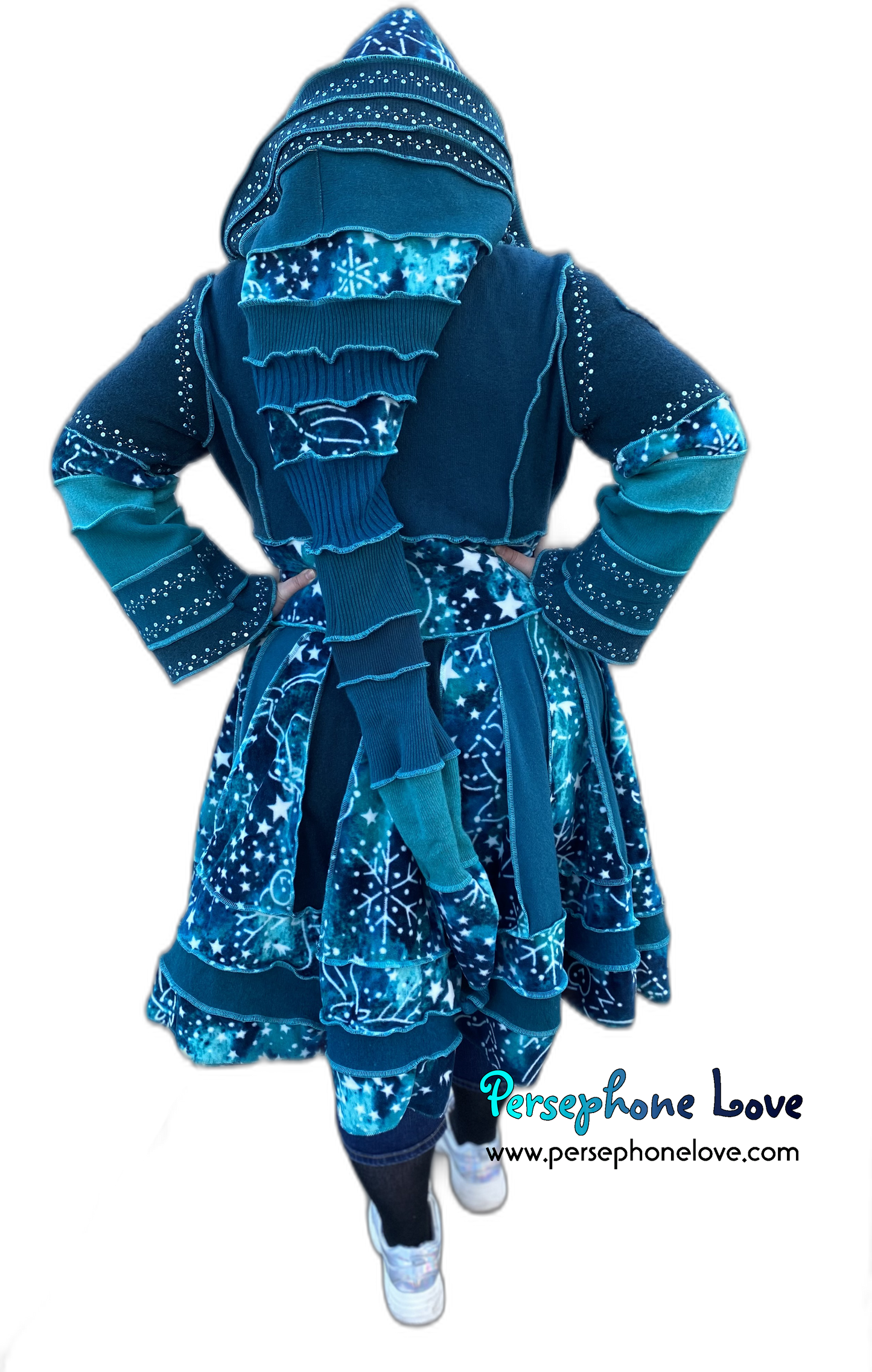 "New Sky" GODDESS SIZE Teal embroidered/felted cashmere Katwise-inspired patchwork sweatercoat-2523