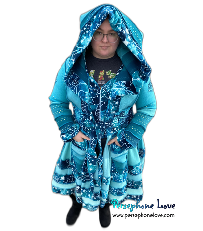 "Beyond The Sun" GODDESS SIZE Light Teal embroidered/felted cashmere Katwise-inspired patchwork sweatercoat-2525