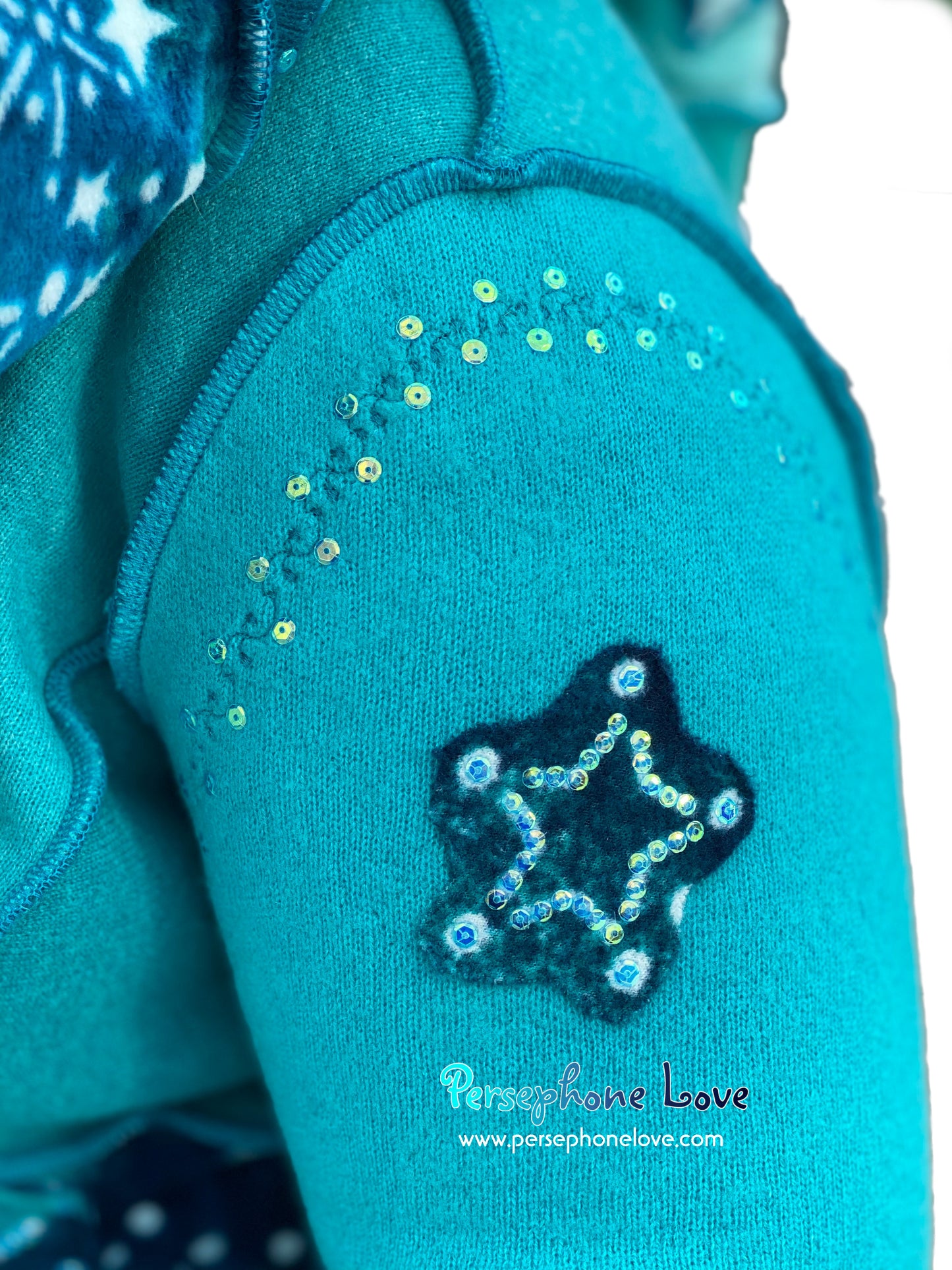 "Beyond The Sun" GODDESS SIZE Light Teal embroidered/felted cashmere Katwise-inspired patchwork sweatercoat-2525