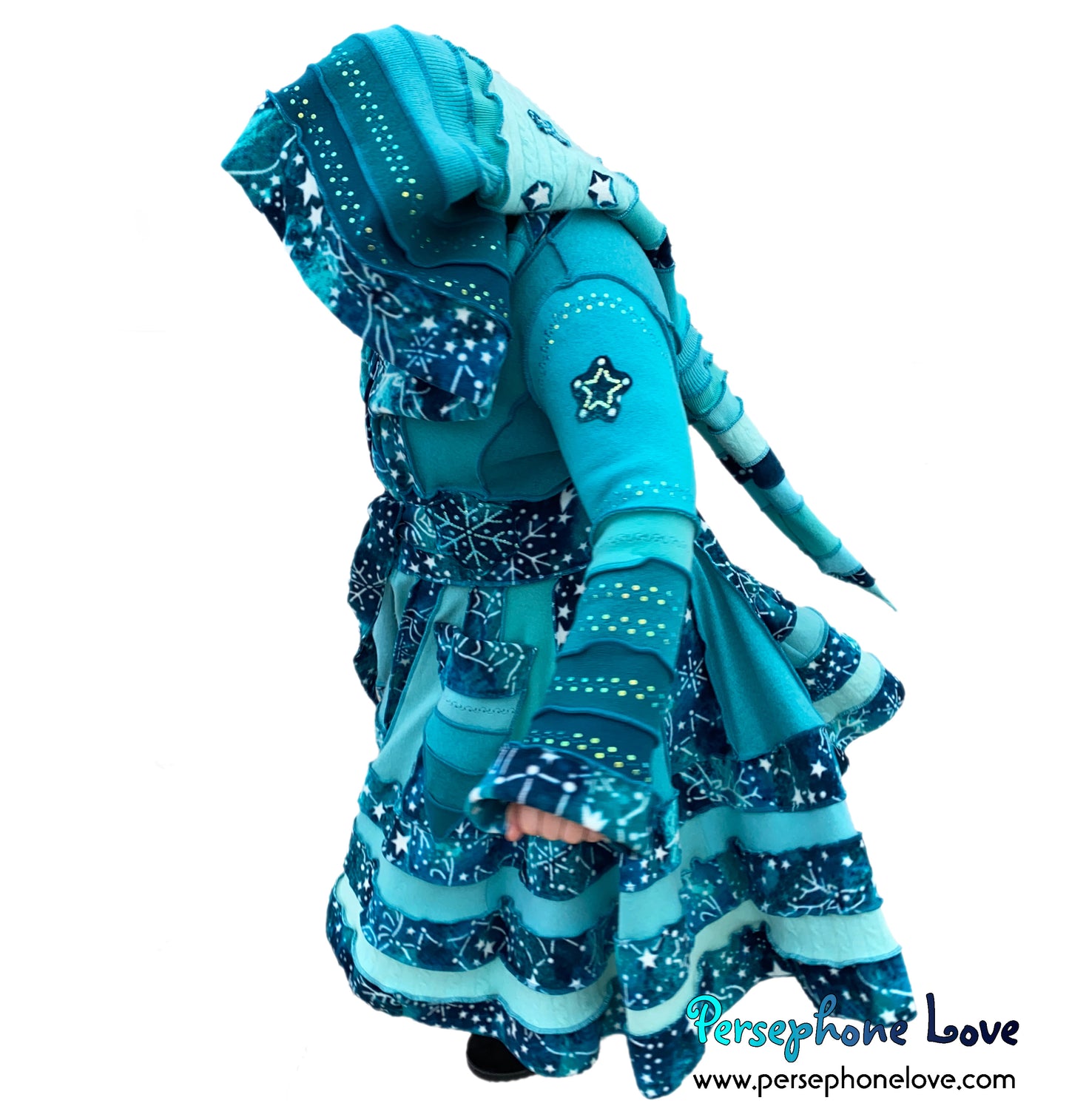 "Beyond The Sun" GODDESS SIZE Light Teal embroidered/felted cashmere Katwise-inspired patchwork sweatercoat-2525