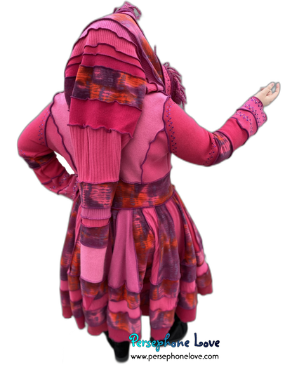 "Pink Lemonade" GODDESS SIZE Hot Pink embroidered/felted cashmere patchwork Katwise-inspired sweatercoat-2527