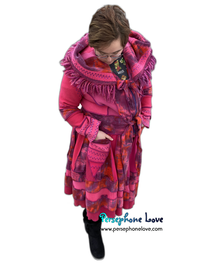 "Pink Lemonade" GODDESS SIZE Hot Pink embroidered/felted cashmere patchwork Katwise-inspired sweatercoat-2527