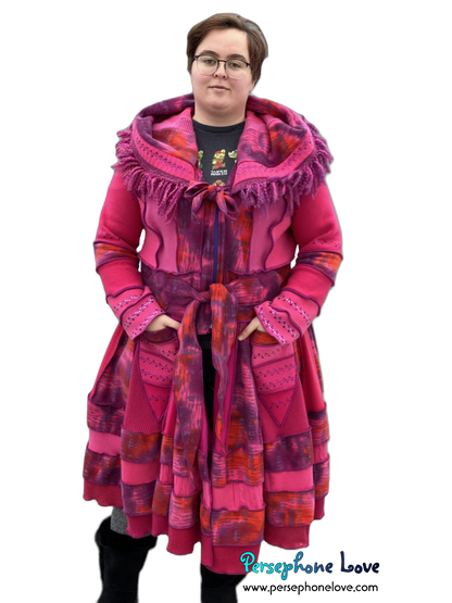 "Pink Lemonade" GODDESS SIZE Hot Pink embroidered/felted cashmere patchwork Katwise-inspired sweatercoat-2527