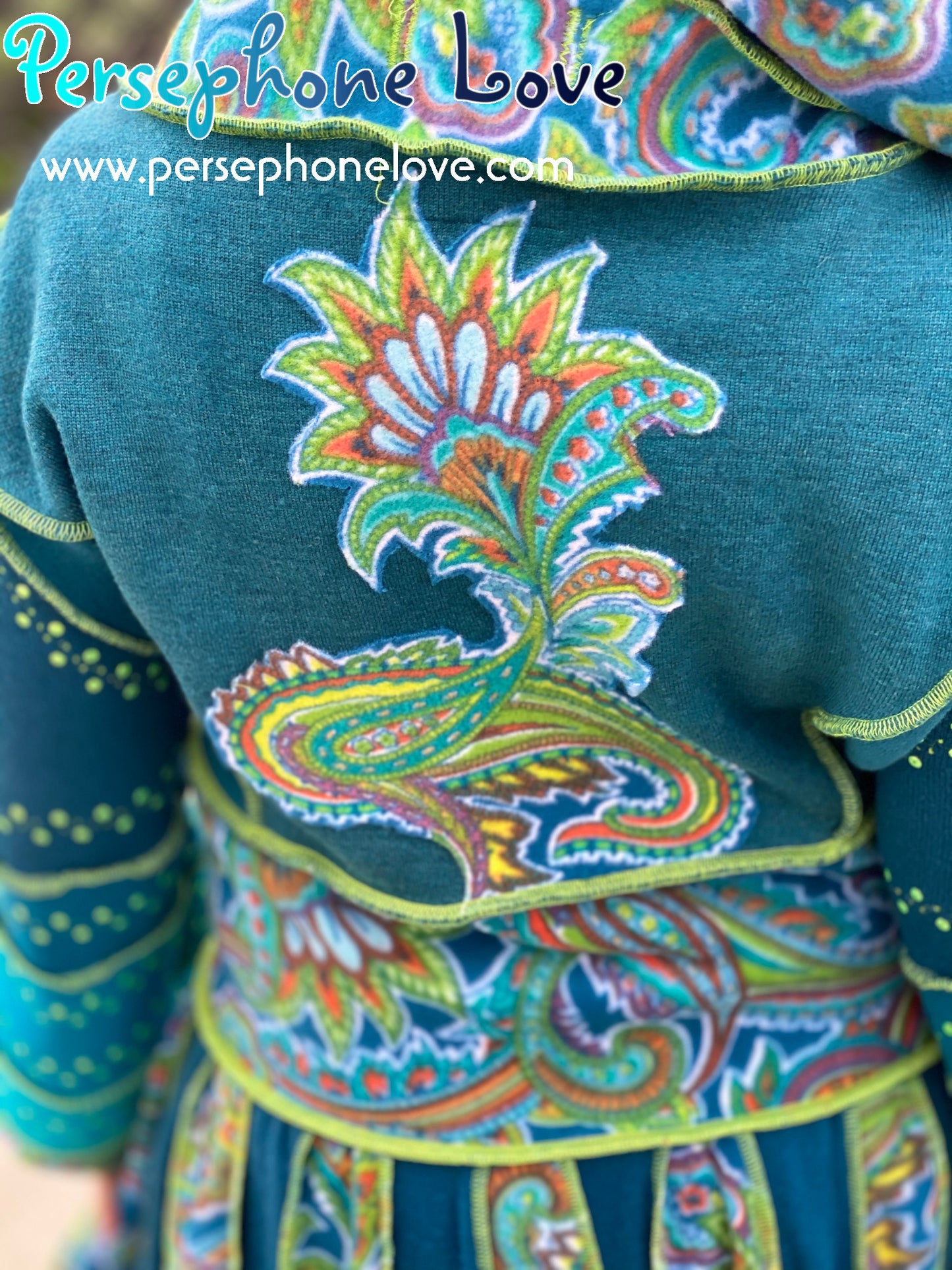 "Magic Dance" Teal Green Paisley felted cashmere/fleece Katwise-inspired sequin sweatercoat-2530 "Magic Dance"