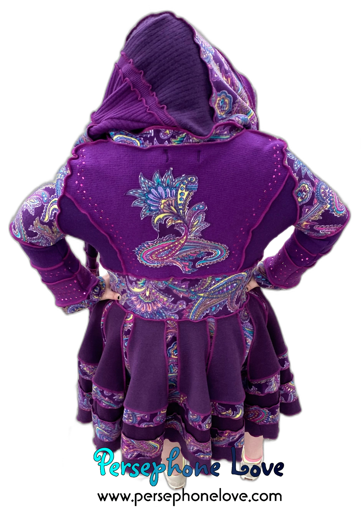 "Bloom" GODDESS SIZE Purple embroidered/felted/sequins cashmere patchwork Katwise-inspired sweatercoat-2536