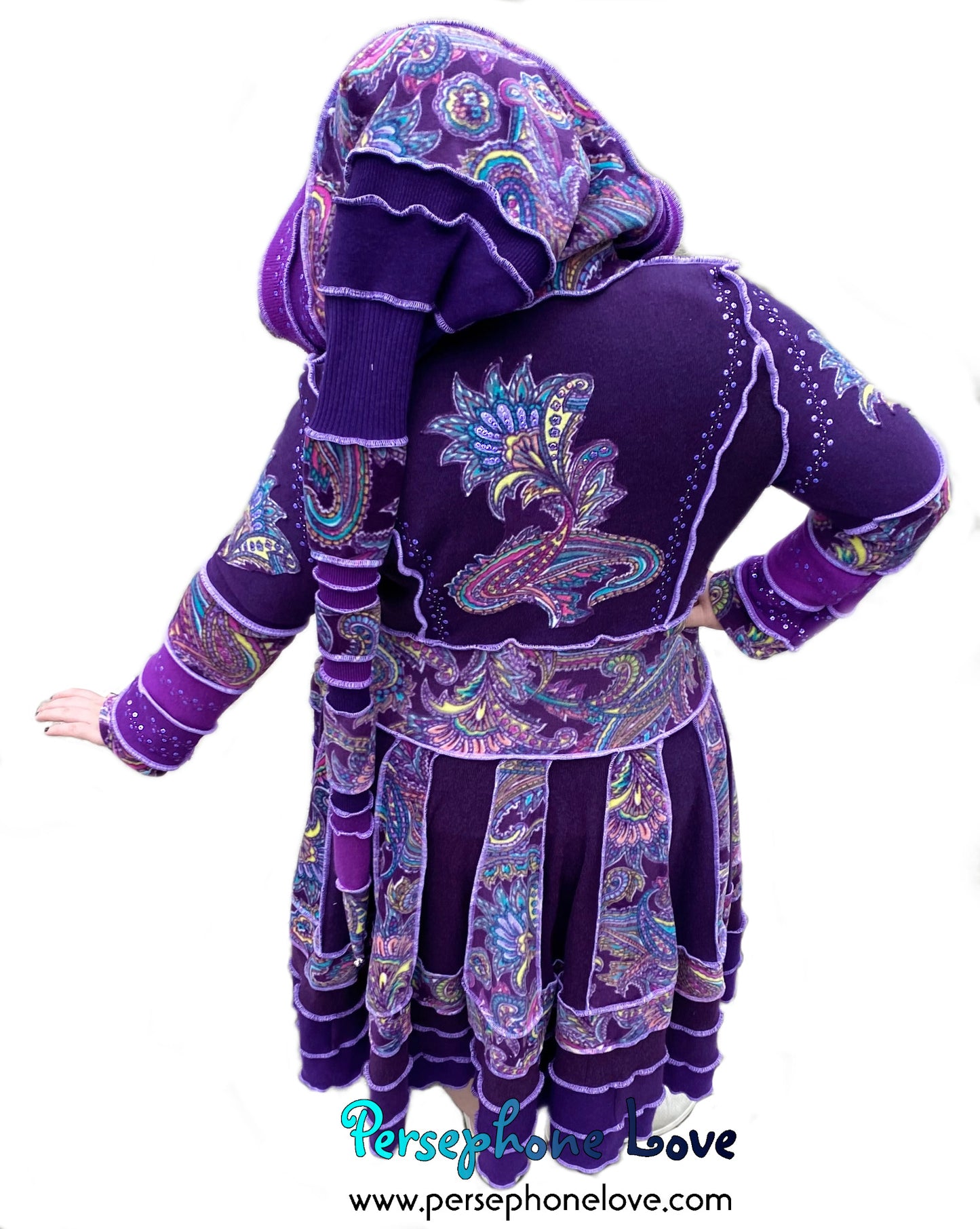 "La Ciudad" GODDESS SIZE Purple Paisley embroidered/felted/sequins cashmere patchwork Katwise-inspired sweatercoat-2538