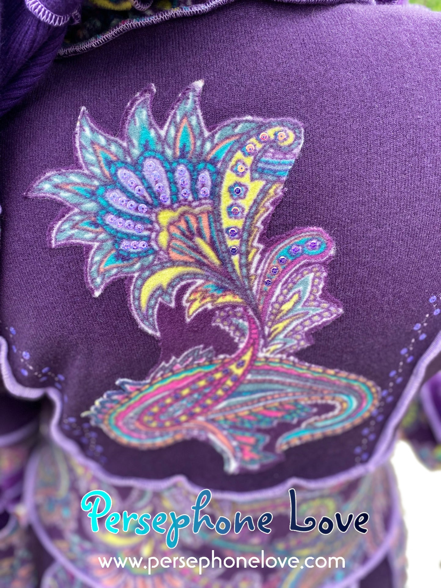 "La Ciudad" GODDESS SIZE Purple Paisley embroidered/felted/sequins cashmere patchwork Katwise-inspired sweatercoat-2538