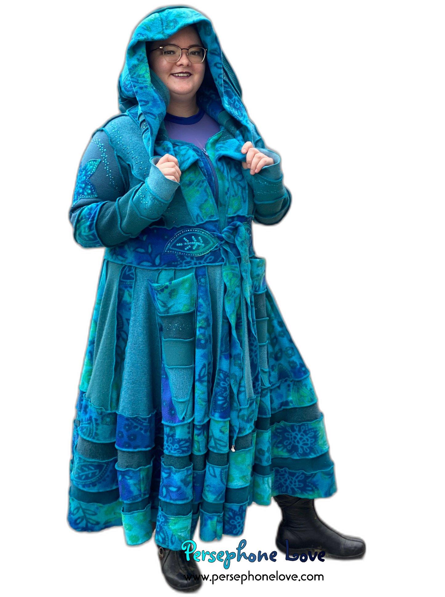 "Dreamdance" GODDESS SIZE Teal floral paisley embroidered/felted/sequins cashmere patchwork Katwise-inspired sweatercoat-2541