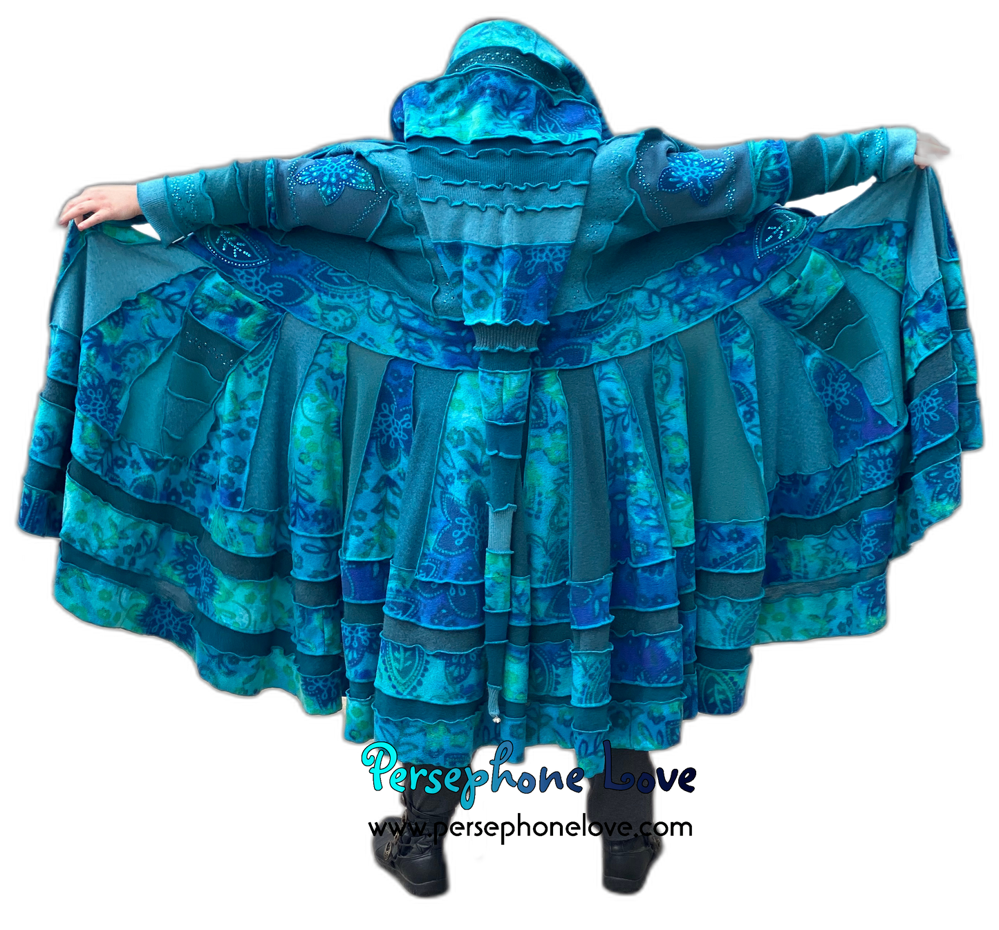 "Dreamdance" GODDESS SIZE Teal floral paisley embroidered/felted/sequins cashmere patchwork Katwise-inspired sweatercoat-2541