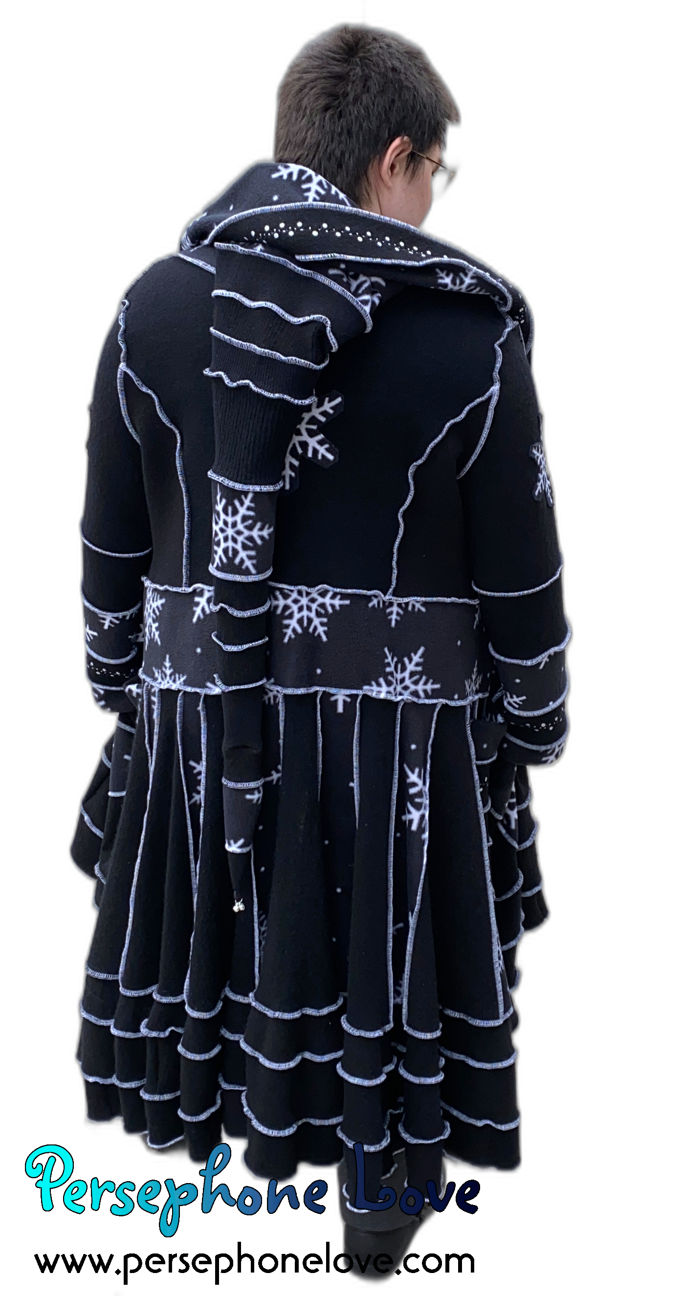 "Midnight" GODDESS SIZE Black/white snowflake embroidered/felted/sequins cashmere patchwork Katwise-inspired sweatercoat-2543