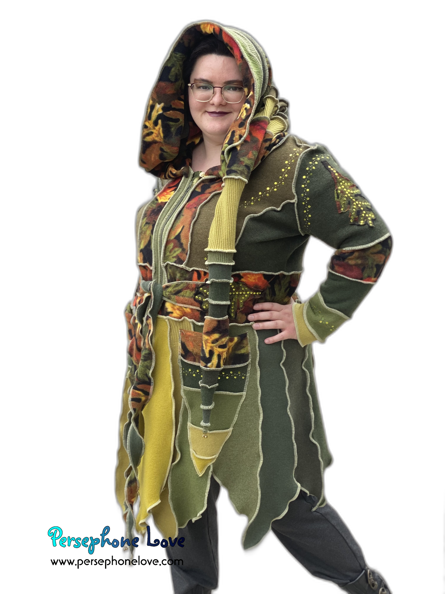 "The Arborist" GODDESS SIZE green embroidered/felted/sequins cashmere pixie patchwork Katwise sweatercoat-2544