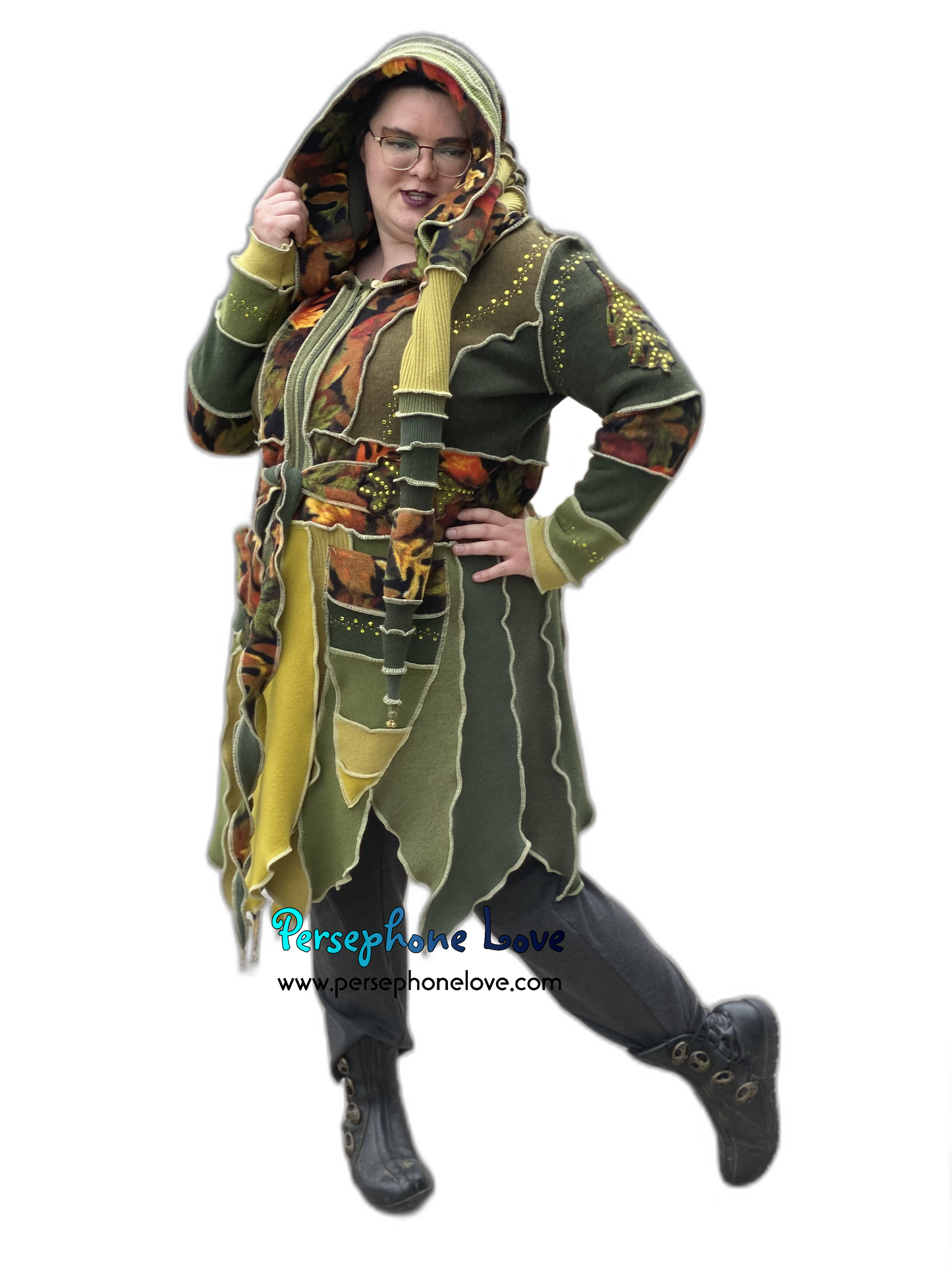 "The Arborist" GODDESS SIZE green embroidered/felted/sequins cashmere pixie patchwork Katwise sweatercoat-2544