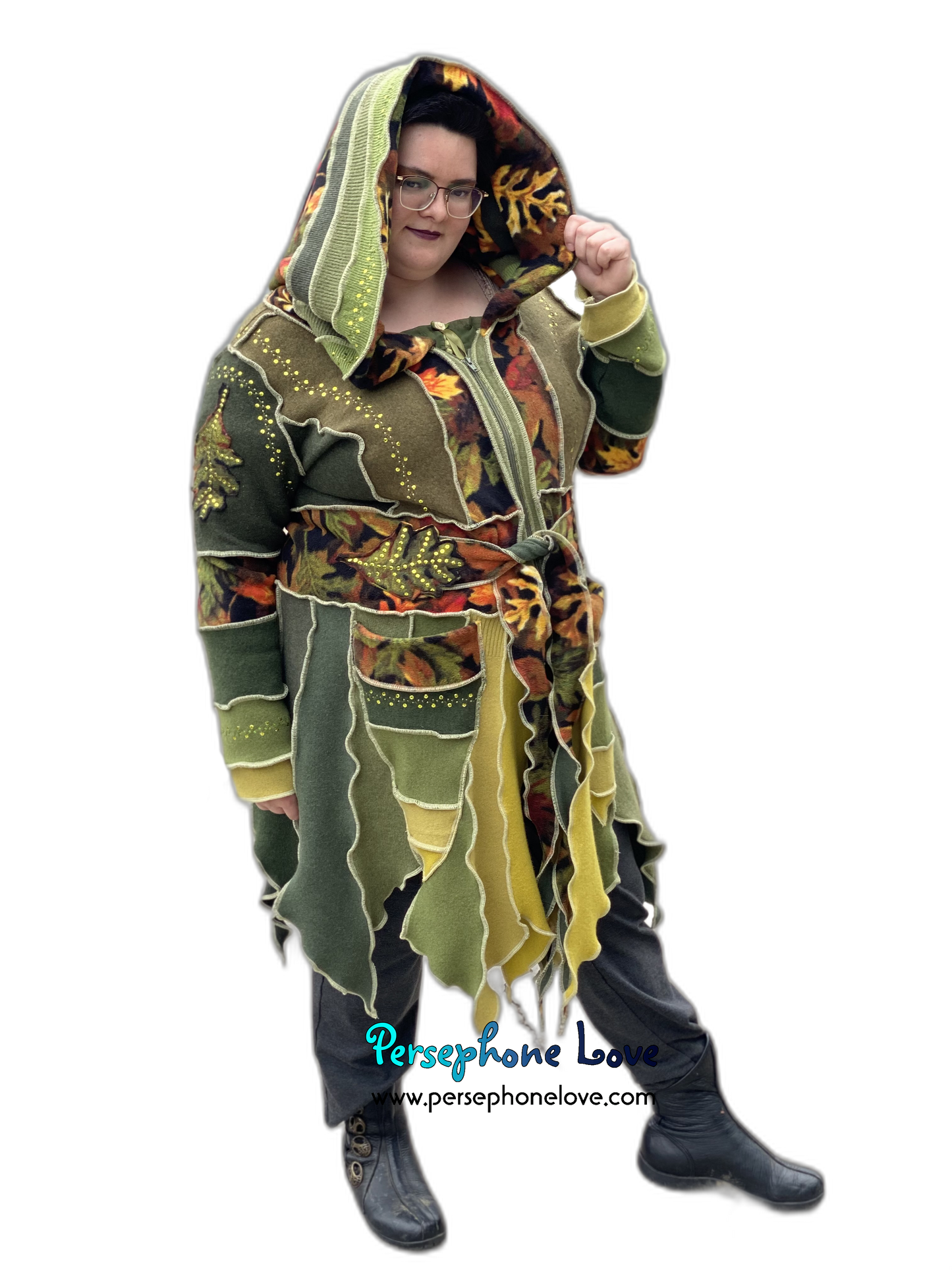 "The Arborist" GODDESS SIZE green embroidered/felted/sequins cashmere pixie patchwork Katwise sweatercoat-2544