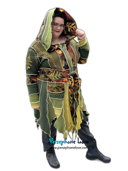 "The Arborist" GODDESS SIZE green embroidered/felted/sequins cashmere pixie patchwork Katwise sweatercoat-2544