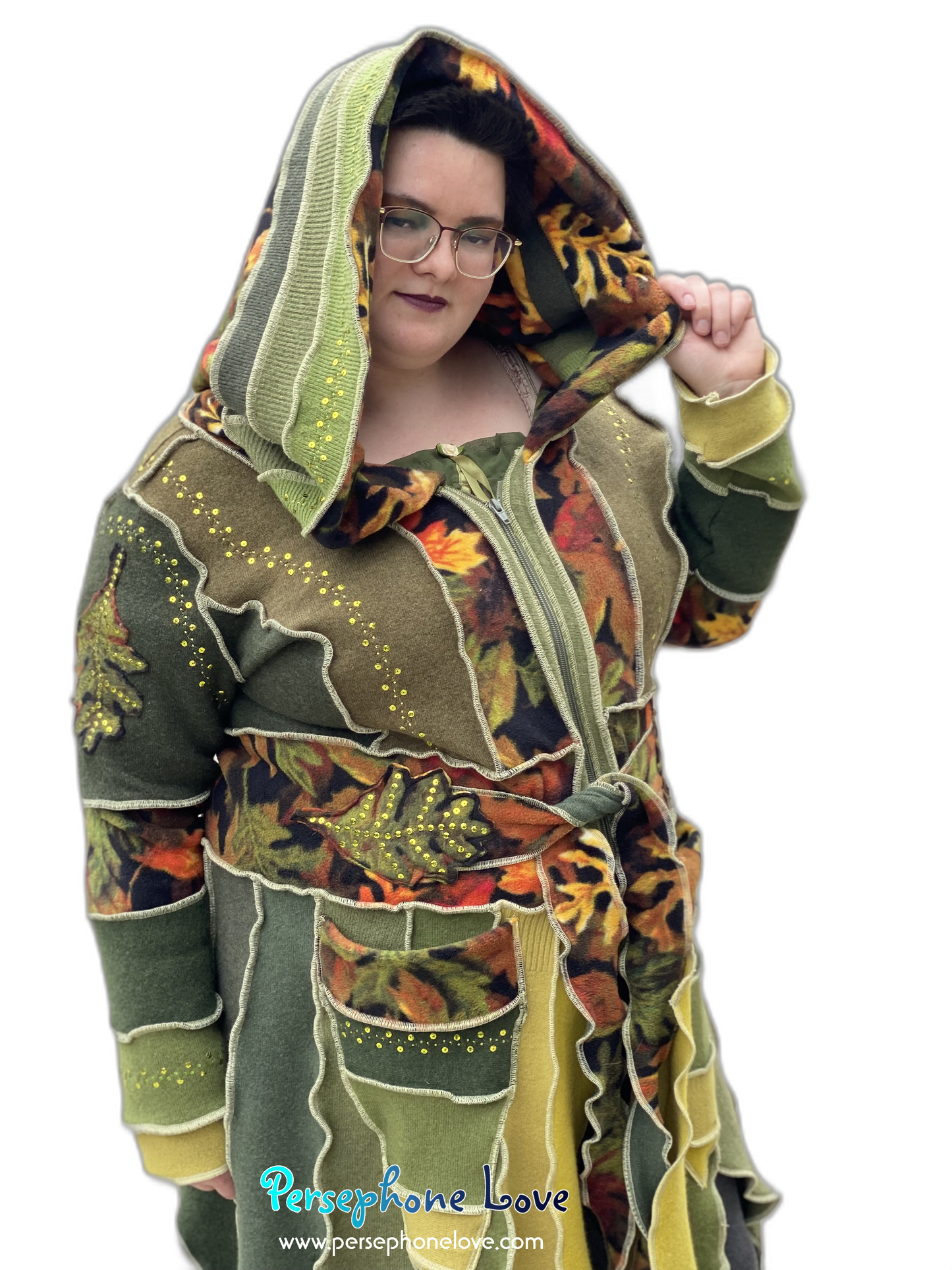 "The Arborist" GODDESS SIZE green embroidered/felted/sequins cashmere pixie patchwork Katwise sweatercoat-2544