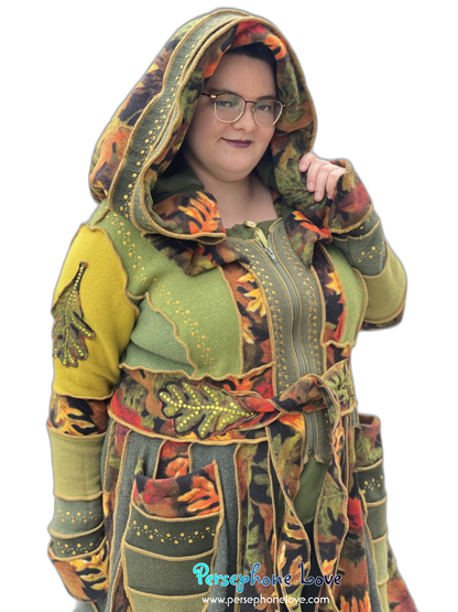 "Fae Propaganda" GODDESS SIZE green embroidered/felted/sequins cashmere patchwork Katwise-inspired sweatercoat-2545