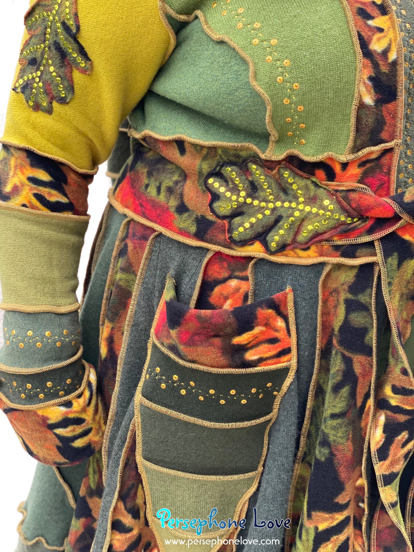 "Fae Propaganda" GODDESS SIZE green embroidered/felted/sequins cashmere patchwork Katwise-inspired sweatercoat-2545