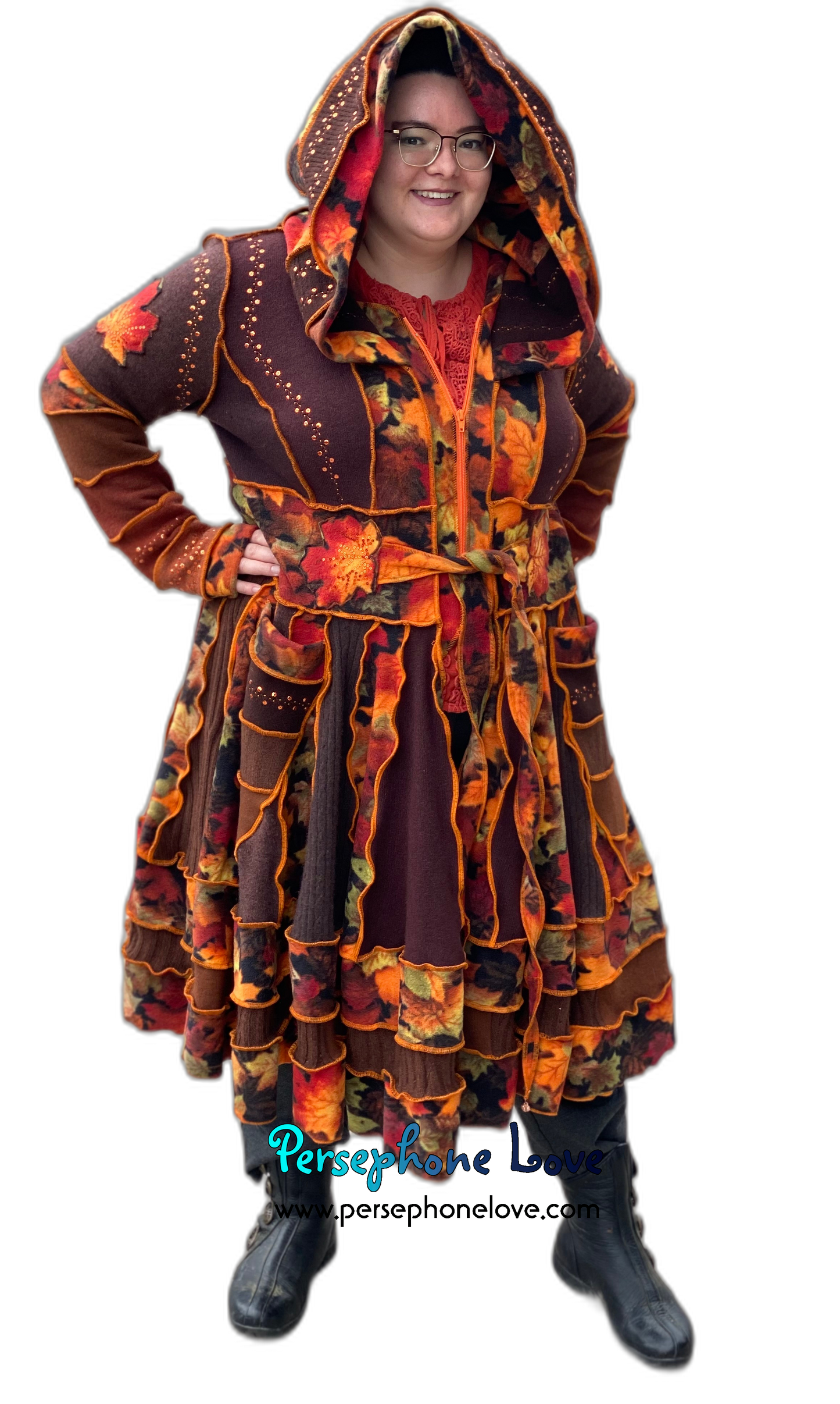 "Embers" GODDESS SIZE Katwise-inspired orange embroidered/felted/sequins cashmere patchwork sweatercoat-2546