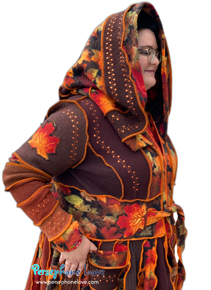 "Embers" GODDESS SIZE Katwise-inspired orange embroidered/felted/sequins cashmere patchwork sweatercoat-2546