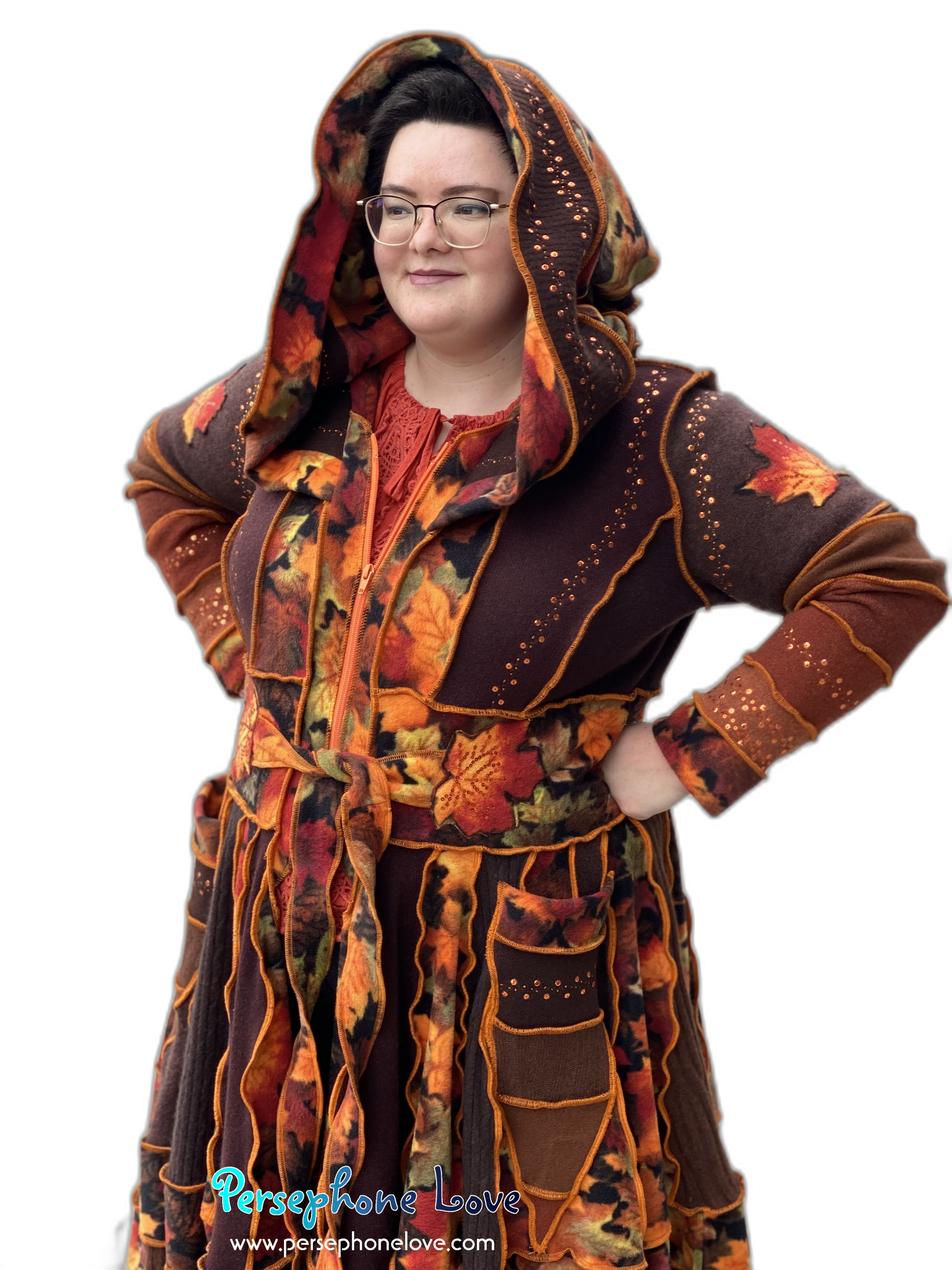 "Embers" GODDESS SIZE Katwise-inspired orange embroidered/felted/sequins cashmere patchwork sweatercoat-2546