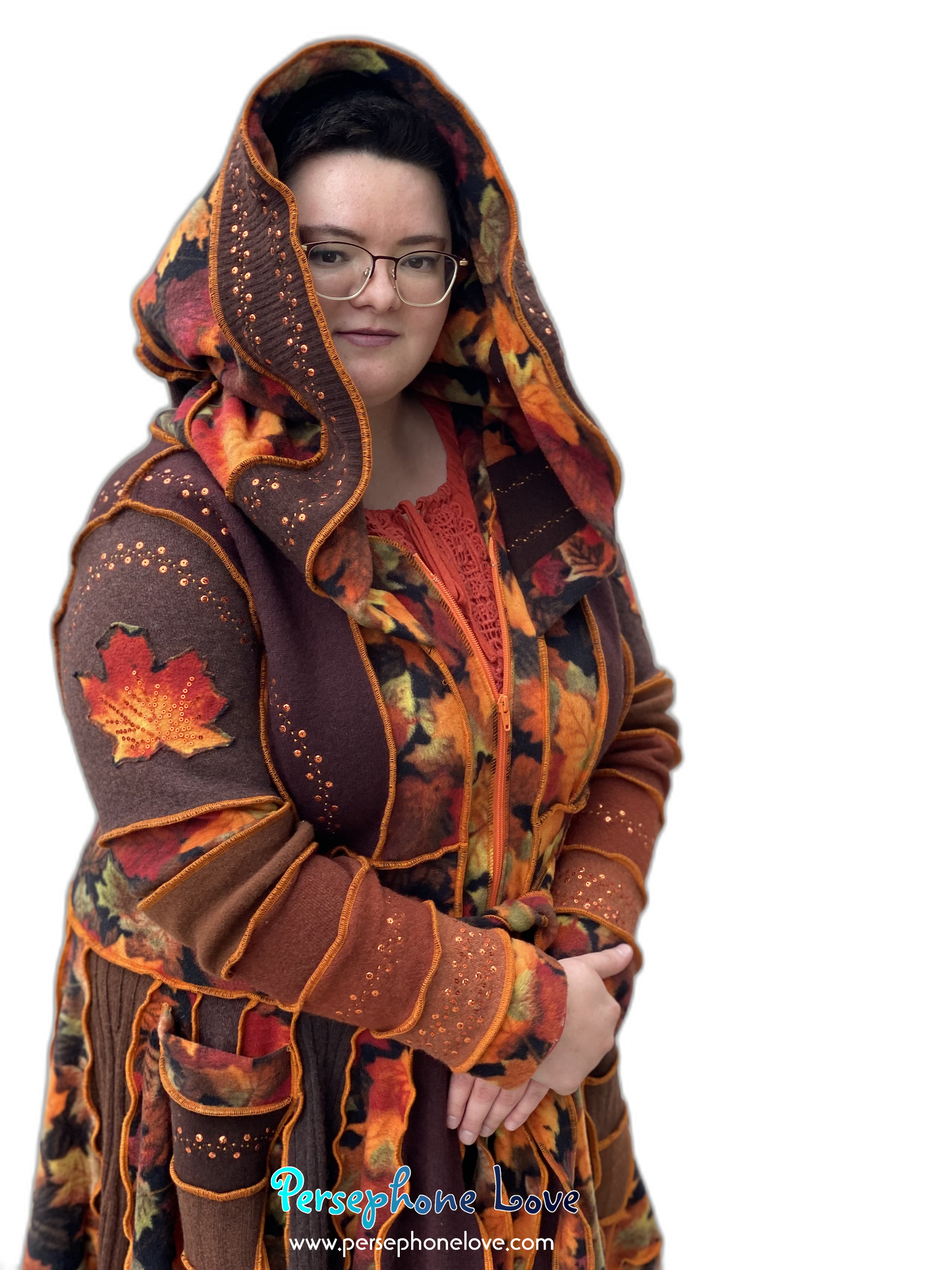 "Embers" GODDESS SIZE Katwise-inspired orange embroidered/felted/sequins cashmere patchwork sweatercoat-2546