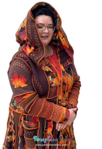 "Embers" GODDESS SIZE Katwise-inspired orange embroidered/felted/sequins cashmere patchwork sweatercoat-2546