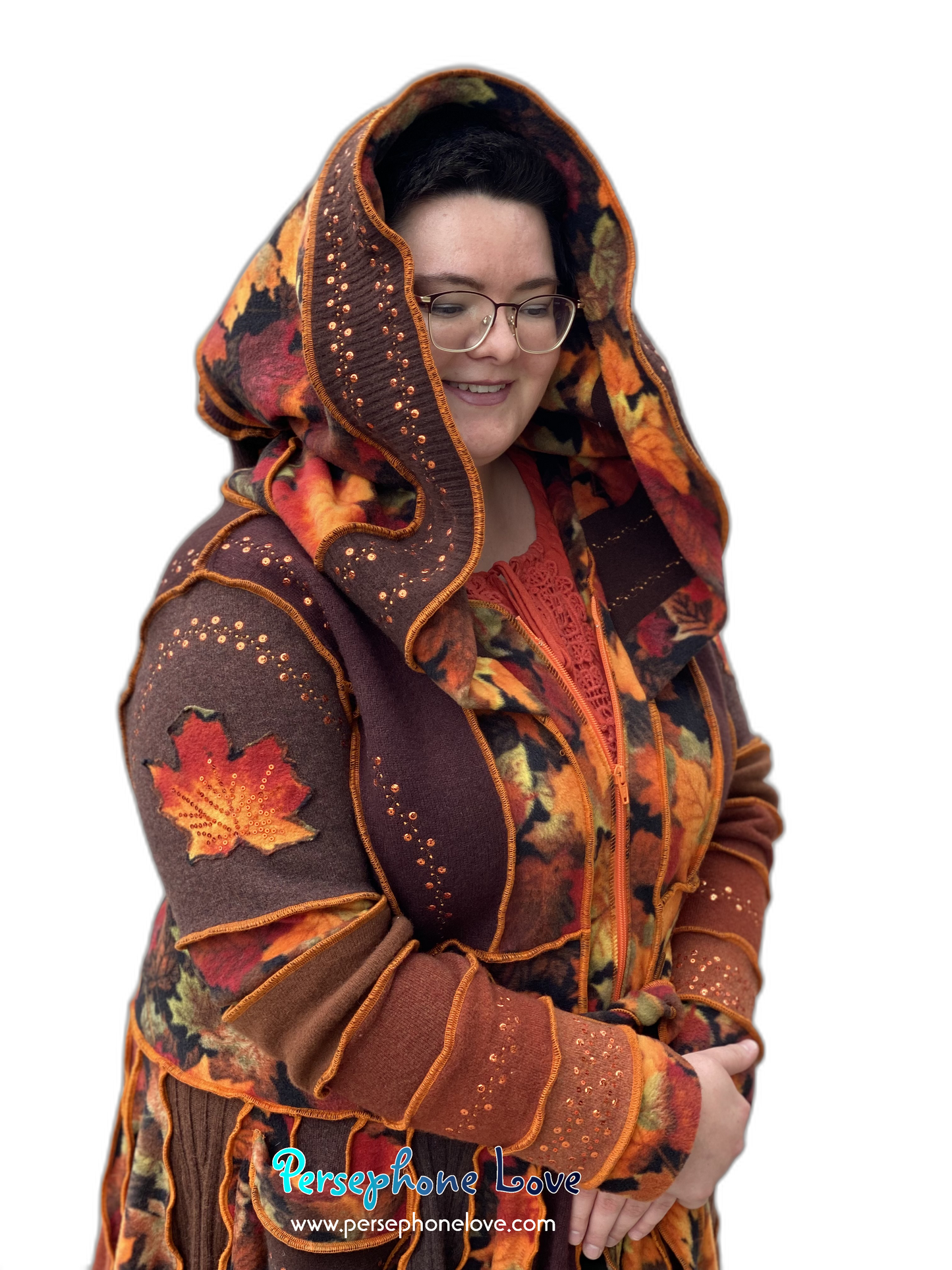 "Embers" GODDESS SIZE Katwise-inspired orange embroidered/felted/sequins cashmere patchwork sweatercoat-2546