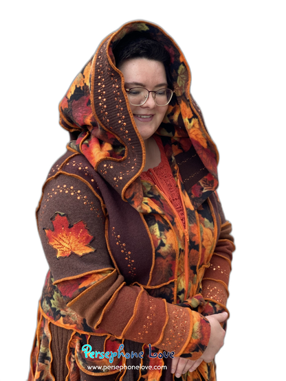 "Embers" GODDESS SIZE Katwise-inspired orange embroidered/felted/sequins cashmere patchwork sweatercoat-2546