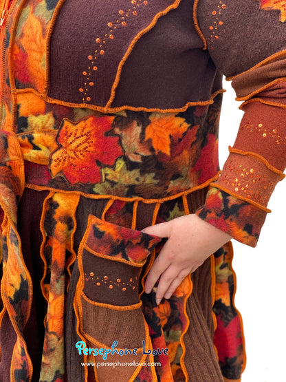 "Embers" GODDESS SIZE Katwise-inspired orange embroidered/felted/sequins cashmere patchwork sweatercoat-2546