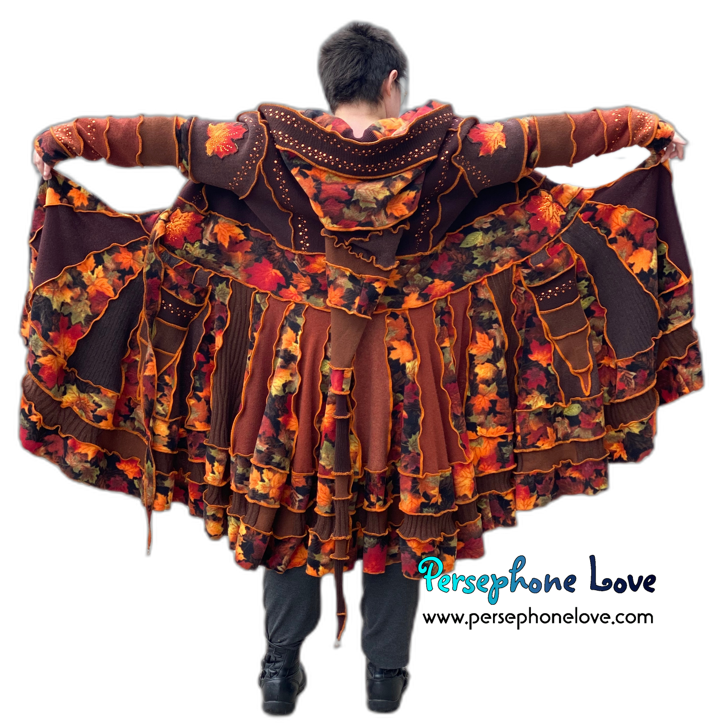 "Embers" GODDESS SIZE Katwise-inspired orange embroidered/felted/sequins cashmere patchwork sweatercoat-2546