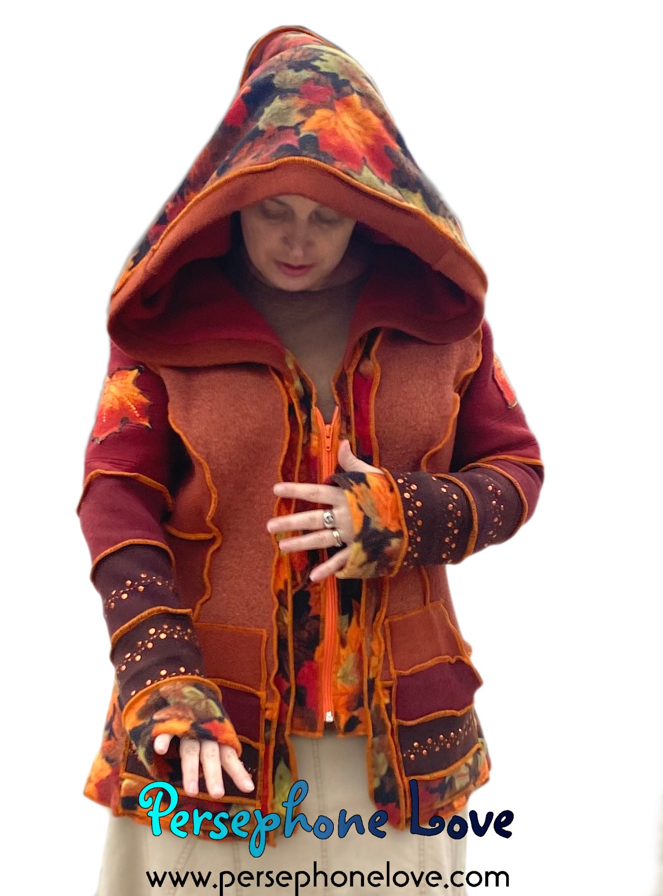 "Sparks" Katwise style embroidered/felted/sequins 100% cashmere patchwork hoodie-2547