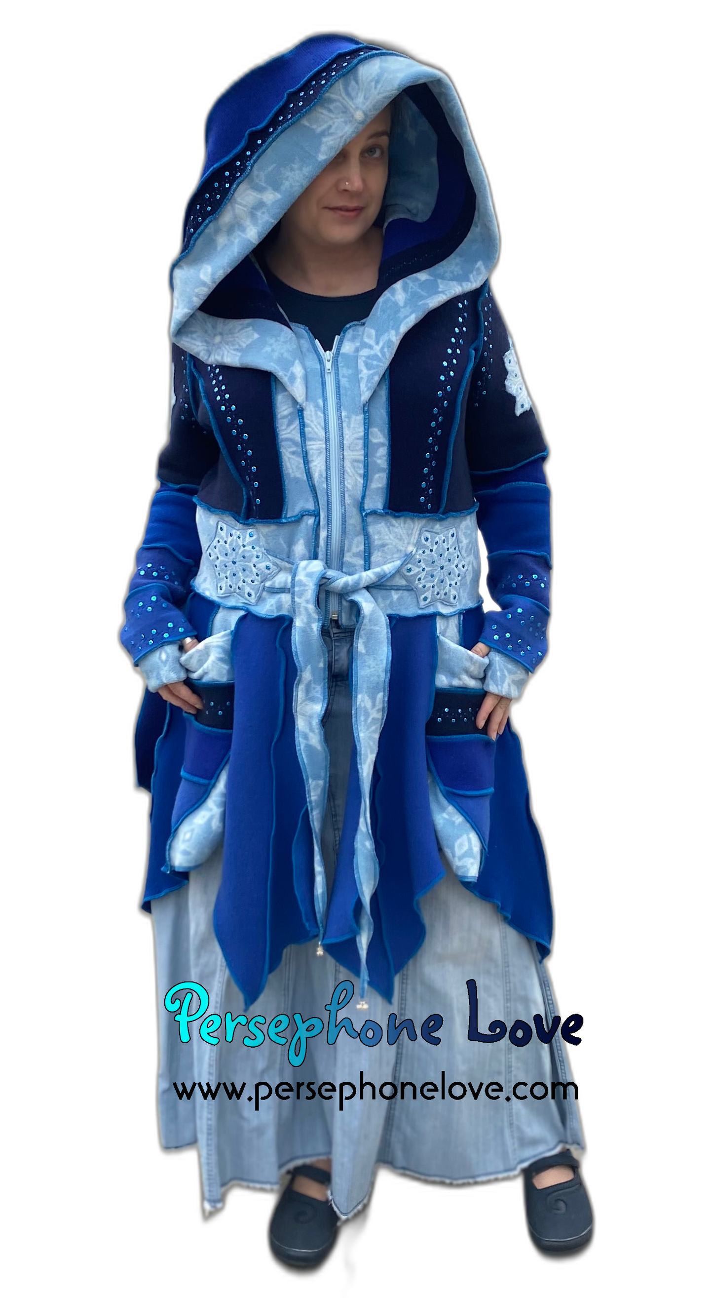 "Icicles" Pixie blue felted 100% cashmere/fleece Katwise-inspired sequin sweatercoat-2550