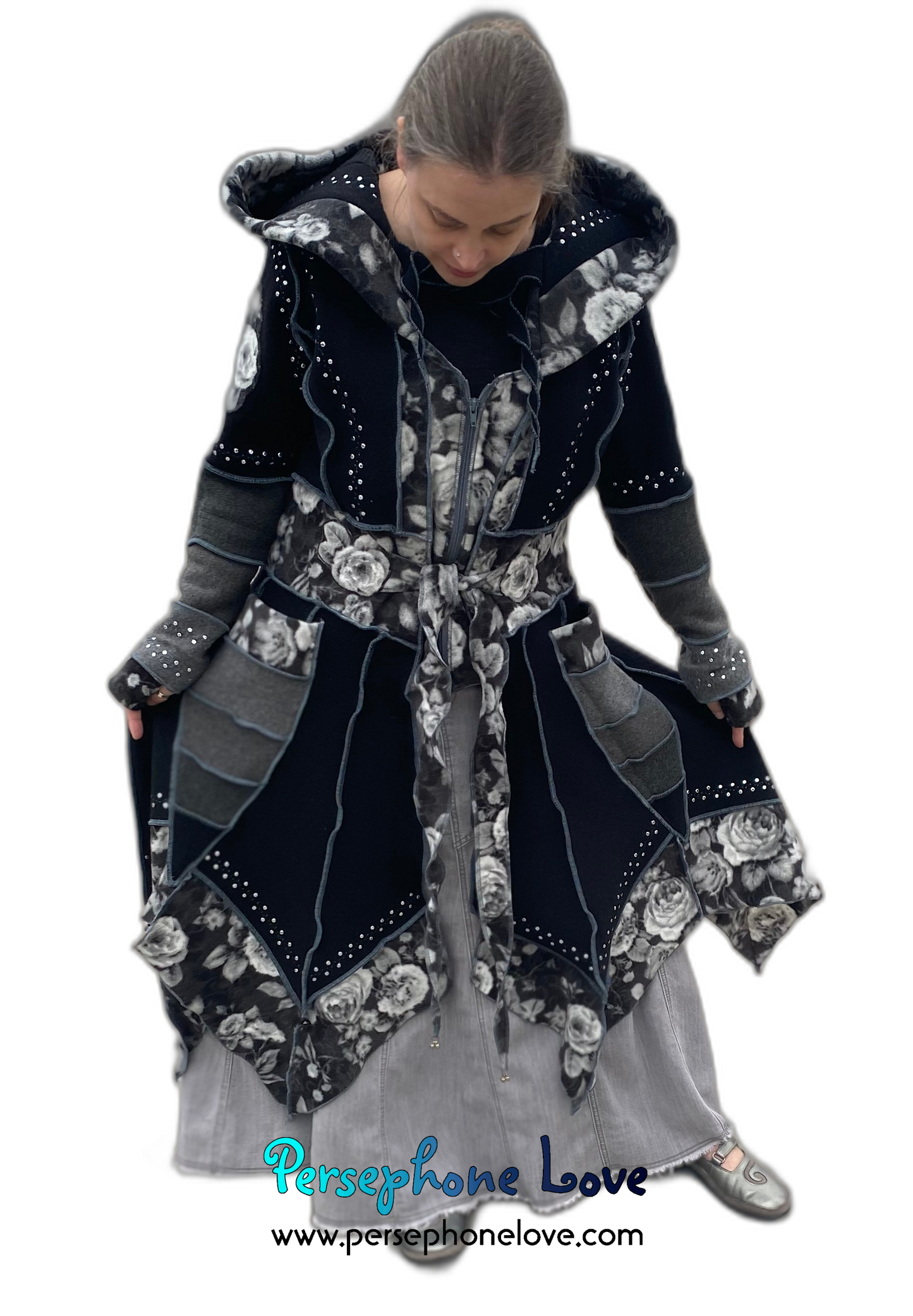 “Victoriana" Black pixie felted cashmere/fleece Katwise-inspired sequin sweatercoat-2555