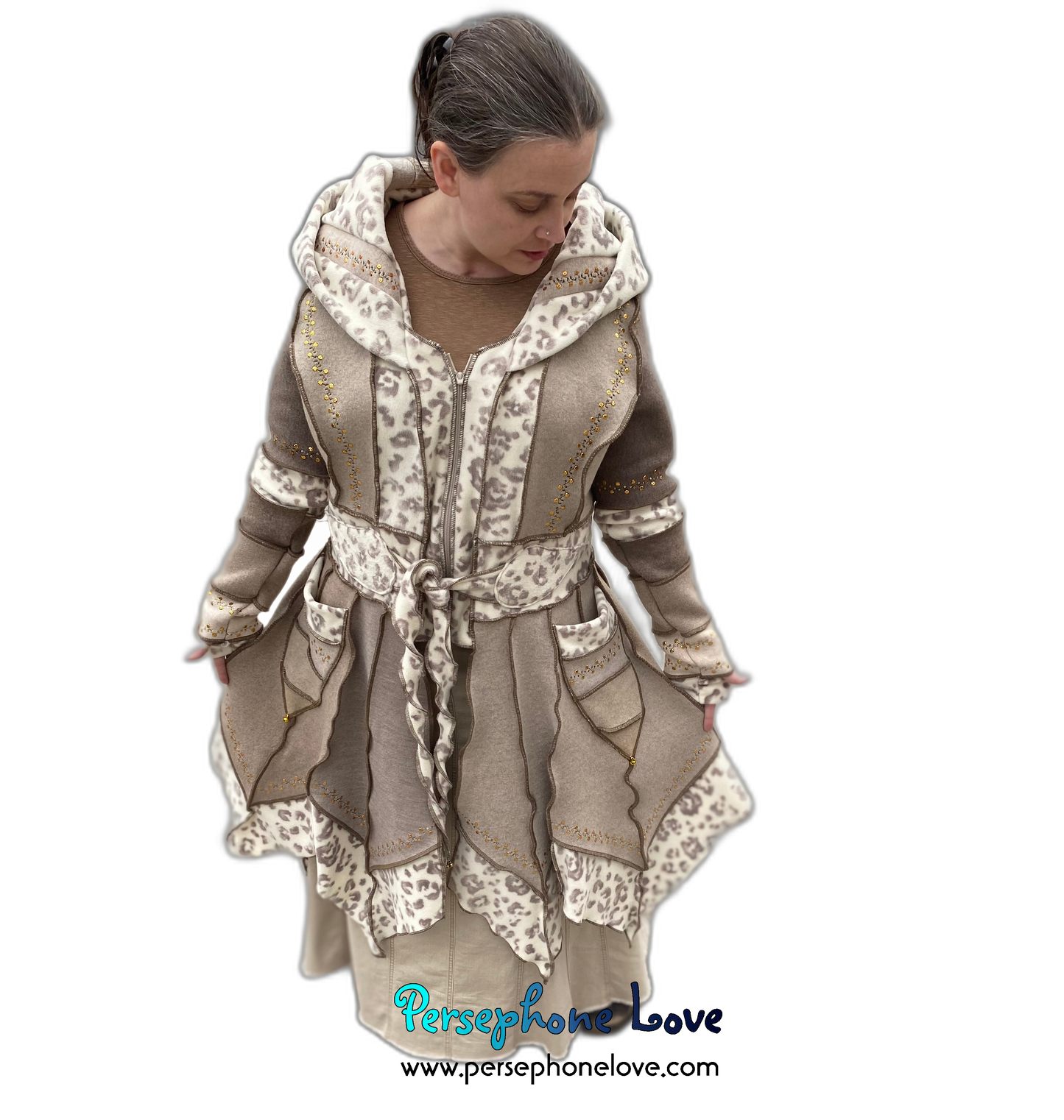 “Kubula Ma” Beige pixie felted cashmere/fleece Katwise-inspired sequin sweatercoat-2556