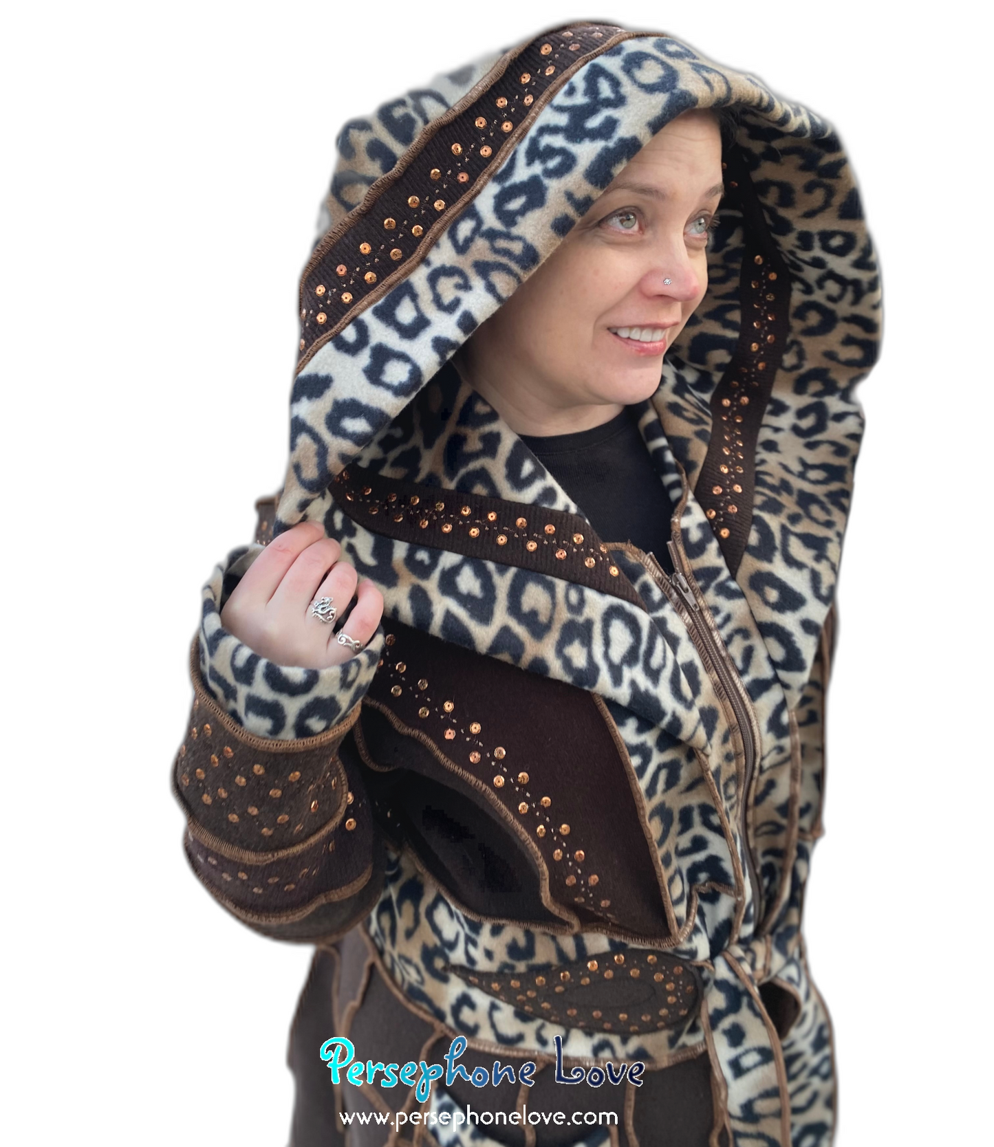 "Amazonia" GODDESS SIZE Brown pixie felted cashmere/fleece Katwise-inspired sequin sweatercoat-2559