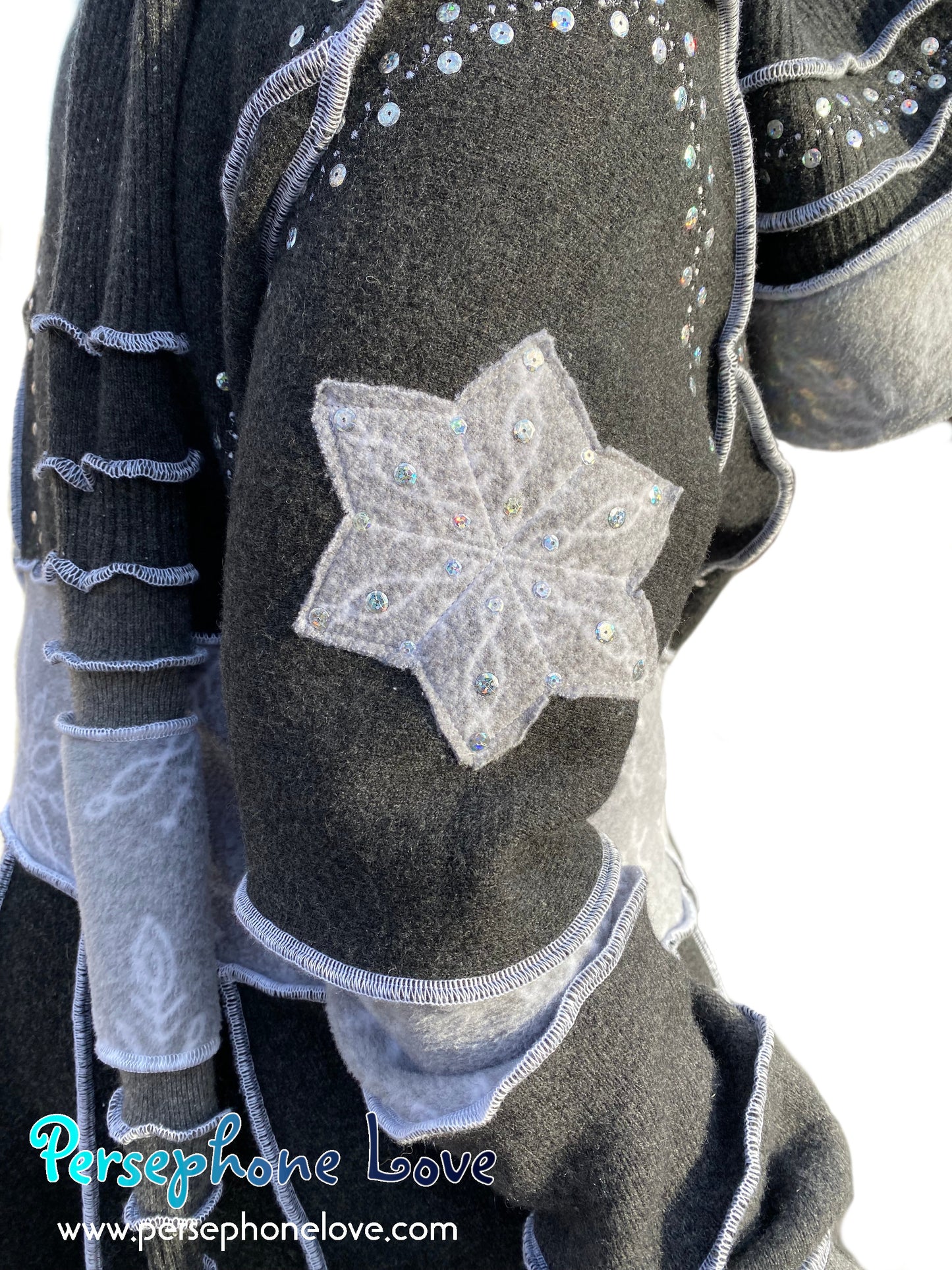 "Frozen" Grey pixie felted cashmere/wool/fleece Katwise-inspired sequin sweatercoat-2562