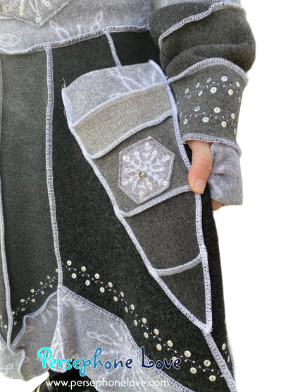 "Frozen" Grey pixie felted cashmere/wool/fleece Katwise-inspired sequin sweatercoat-2562