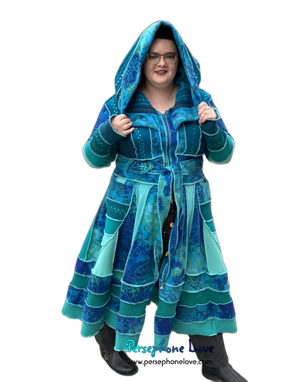 "Underwater" GODDESS SIZE Teal embroidered/felted/sequins cashmere patchwork Katwise-inspired sweatercoat-2542