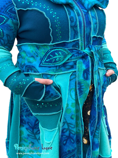 "Underwater" GODDESS SIZE Teal embroidered/felted/sequins cashmere patchwork Katwise-inspired sweatercoat-2542