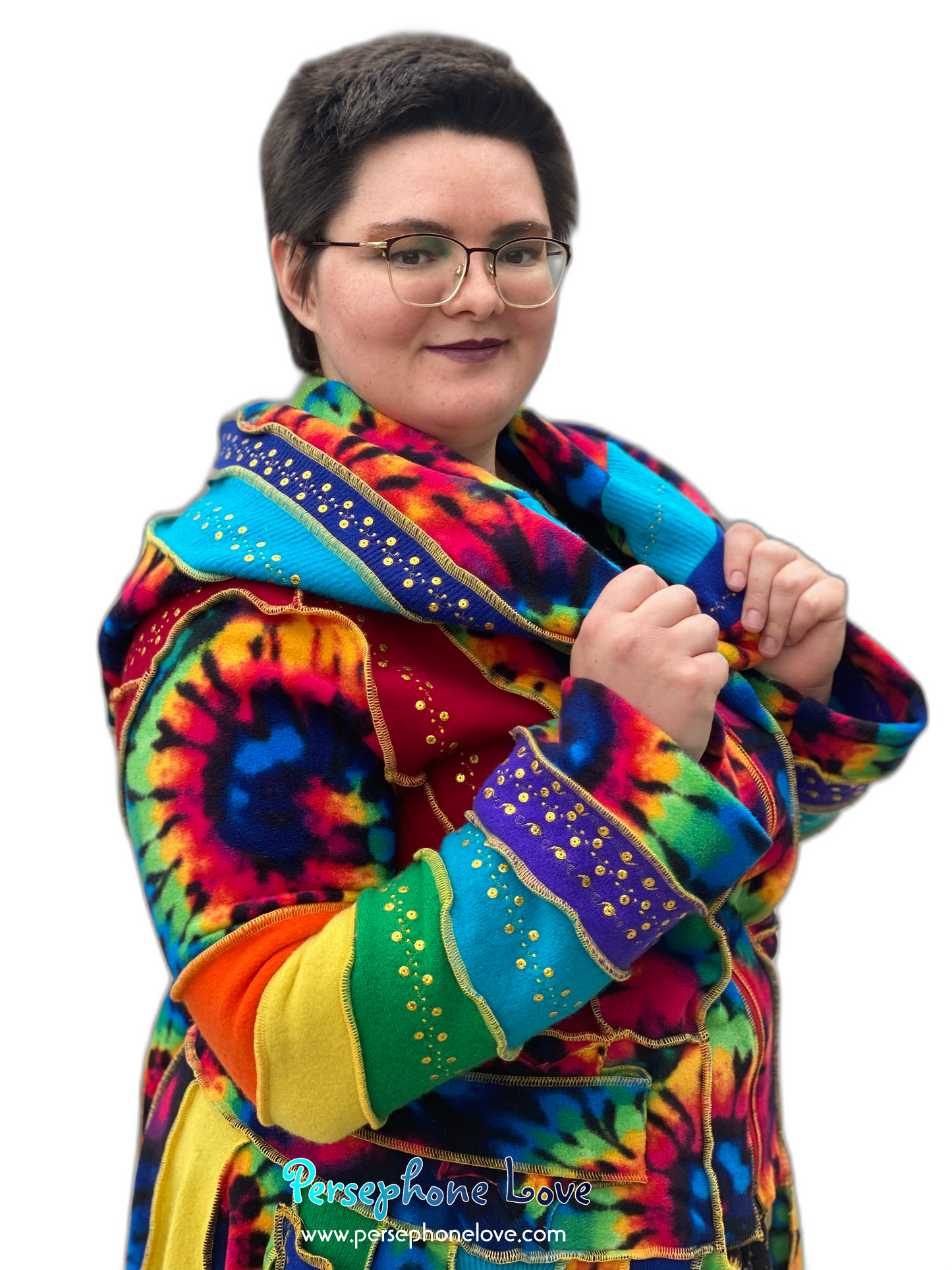 "Fractals" GODDESS SIZE Rainbow embroidered/felted/sequins cashmere patchwork Katwise-inspired sweatercoat-2539