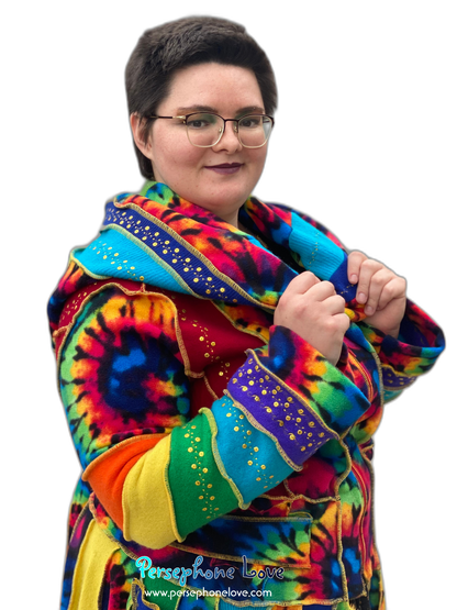 "Fractals" GODDESS SIZE Rainbow embroidered/felted/sequins cashmere patchwork Katwise-inspired sweatercoat-2539
