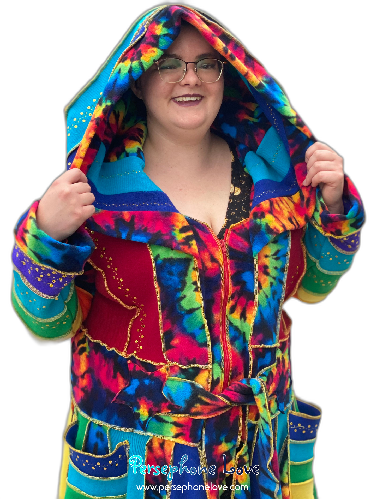 "Fractals" GODDESS SIZE Rainbow embroidered/felted/sequins cashmere patchwork Katwise-inspired sweatercoat-2539