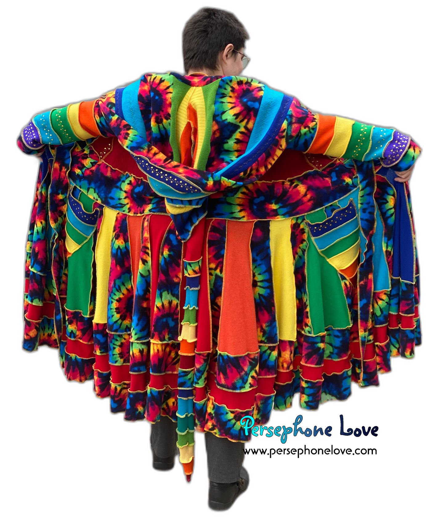 "Fractals" GODDESS SIZE Rainbow embroidered/felted/sequins cashmere patchwork Katwise-inspired sweatercoat-2539