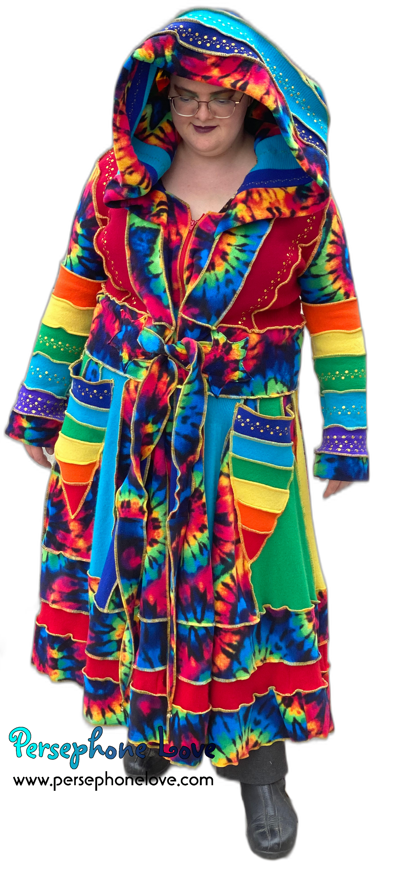 "Fractals" GODDESS SIZE Rainbow embroidered/felted/sequins cashmere patchwork Katwise-inspired sweatercoat-2539