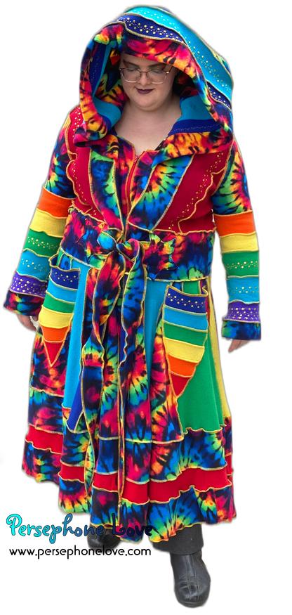 "Fractals" GODDESS SIZE Rainbow embroidered/felted/sequins cashmere patchwork Katwise-inspired sweatercoat-2539