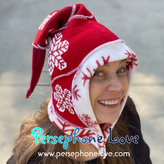 Katwise inspired red white snowflake felted 100% cashmere/fleece sequin recycled sweater elf hat-1440