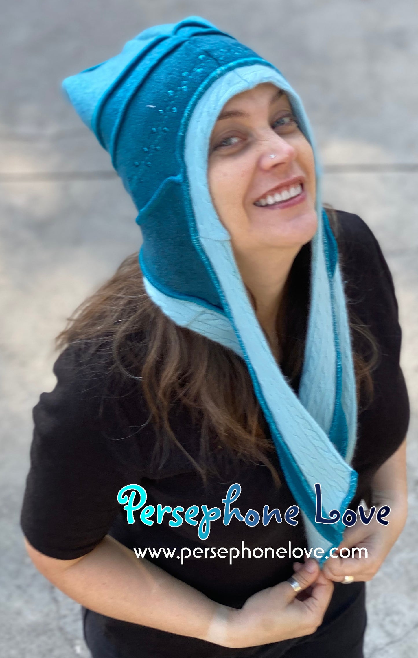 Katwise inspired teal felted 100% cashmere recycled patchwork sweater jester hat-1433